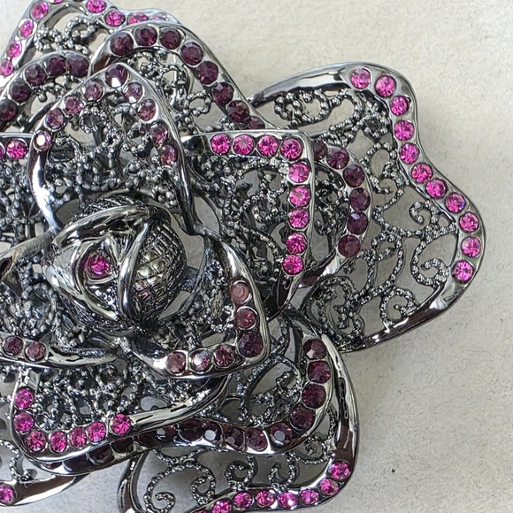Gunmetal Silver Rose Flower Brooch Pin with Purple And Fuschia Pink Stones - Picture 5 of 8